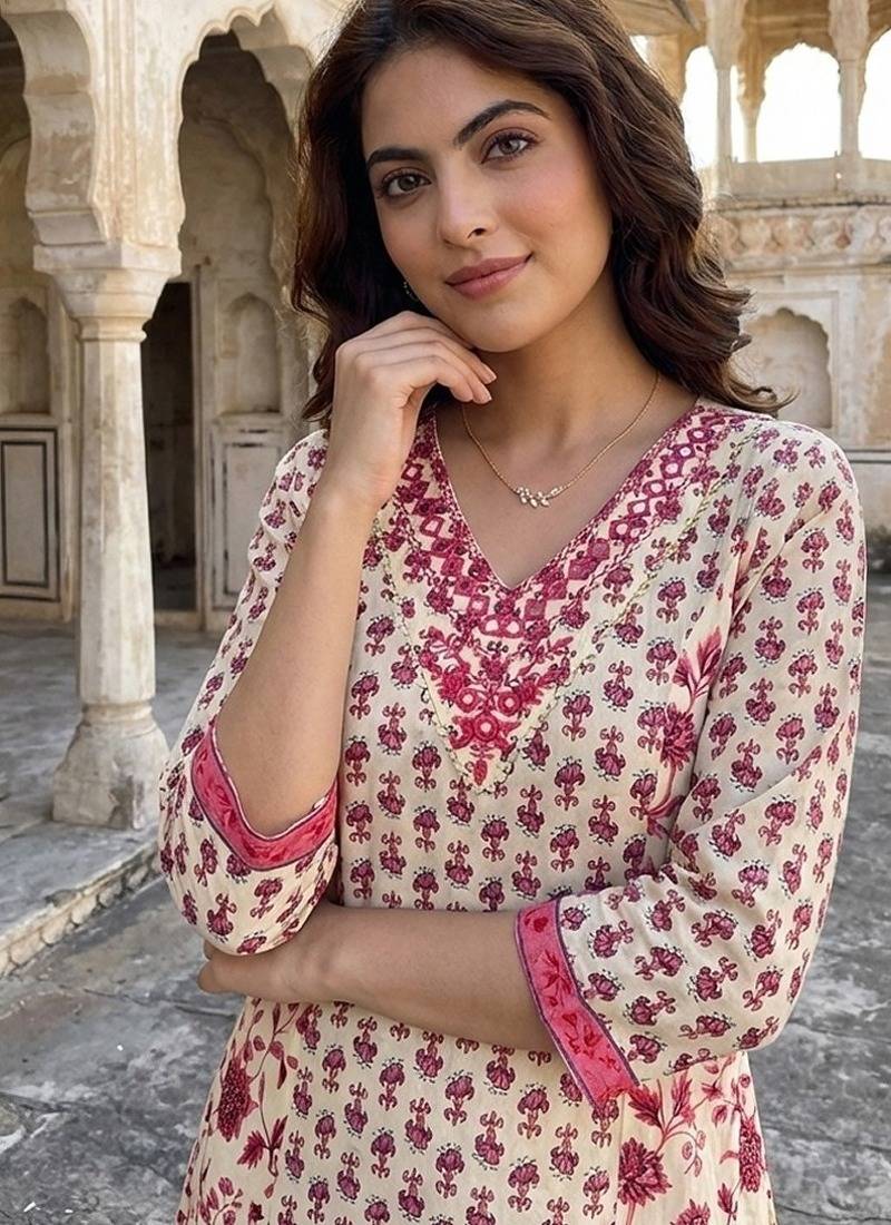 Anouk pink and white pure cotton a-line regular kurta set