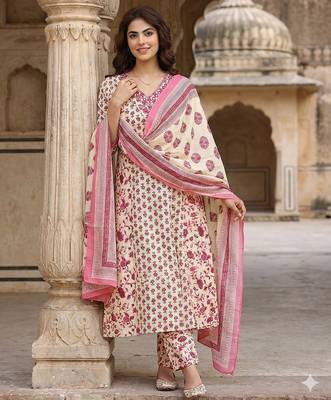 pink and white pure cotton a-line regular kurta set 5