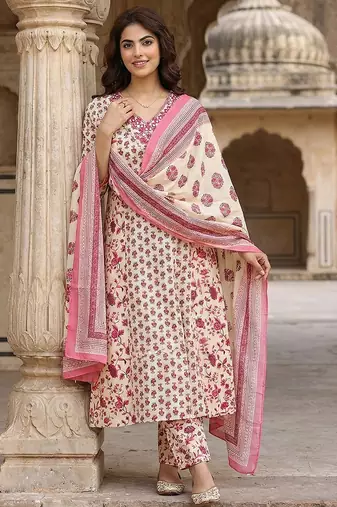 pink and white pure cotton a-line regular kurta set