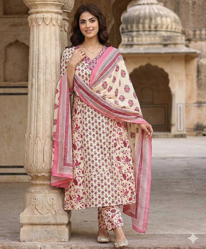 Anouk pink and white pure cotton a-line regular kurta set