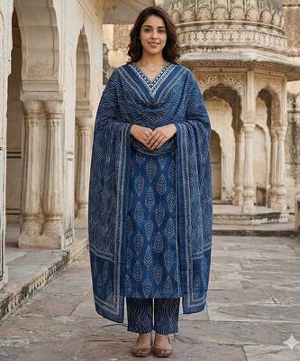 blue pure cotton a-line regular kurta set 1