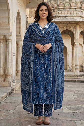 Anouk blue pure cotton a-line regular kurta set