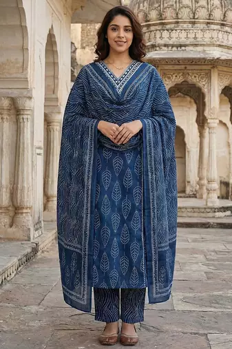 Anouk blue pure cotton a-line regular kurta set