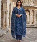 Anouk blue pure cotton a-line regular kurta set