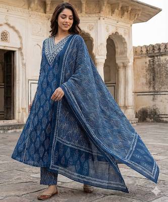 blue pure cotton a-line regular kurta set 2