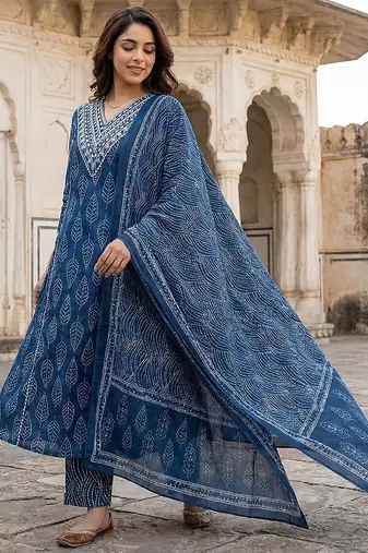 blue pure cotton a-line regular kurta set