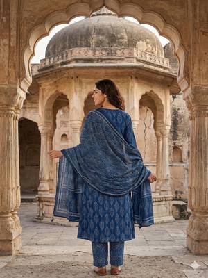 blue pure cotton a-line regular kurta set 3