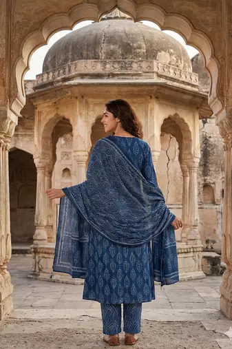 blue pure cotton a-line regular kurta set