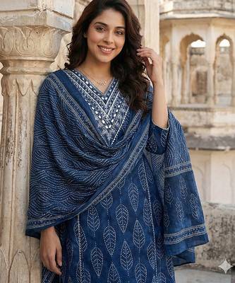 blue pure cotton a-line regular kurta set 4