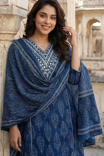 blue pure cotton a-line regular kurta set