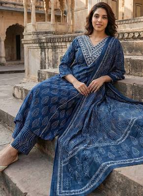 blue pure cotton a-line regular kurta set 5