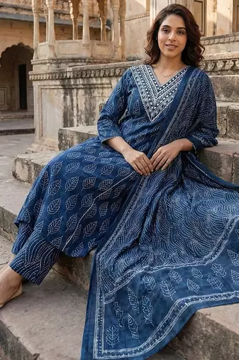 blue pure cotton a-line regular kurta set