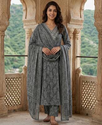 grey pure cotton a-line regular kurta set 1