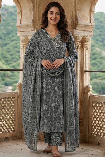 Anouk grey pure cotton a-line regular kurta set