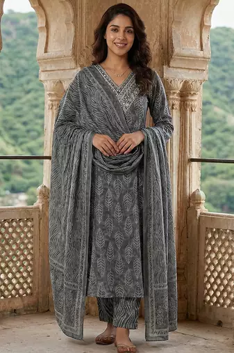 Anouk grey pure cotton a-line regular kurta set