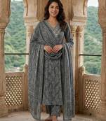 Anouk grey pure cotton a-line regular kurta set