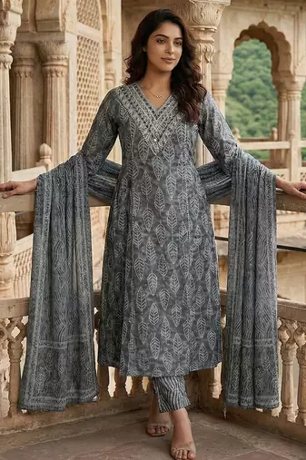 grey pure cotton a-line regular kurta set