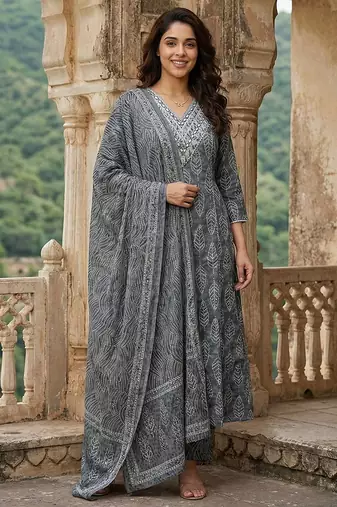grey pure cotton a-line regular kurta set