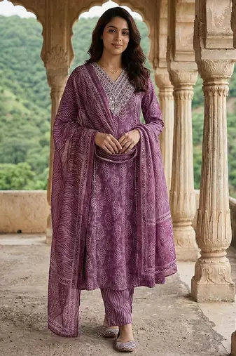 Anouk mauve pure cotton a-line regular kurta set