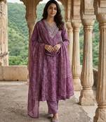 Anouk mauve pure cotton a-line regular kurta set