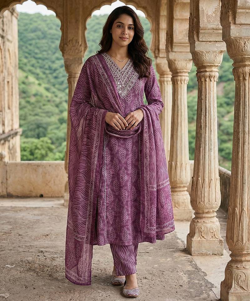 Anouk mauve pure cotton a-line regular kurta set