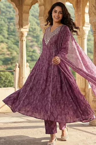 mauve pure cotton a-line regular kurta set