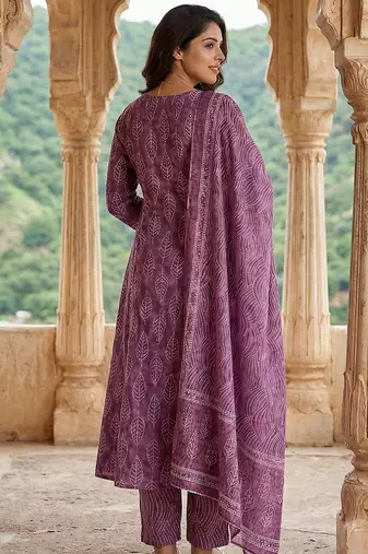 mauve pure cotton a-line regular kurta set