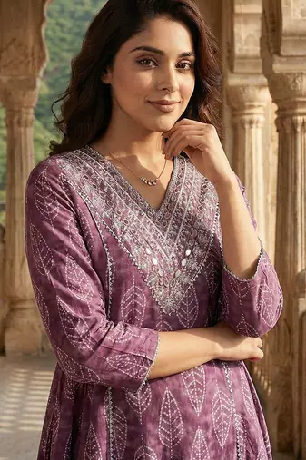 mauve pure cotton a-line regular kurta set