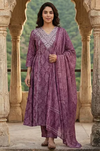 mauve pure cotton a-line regular kurta set