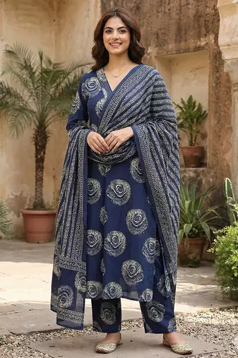 Anouk blue pure cotton a-line regular kurta set