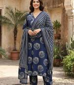 Anouk blue pure cotton a-line regular kurta set