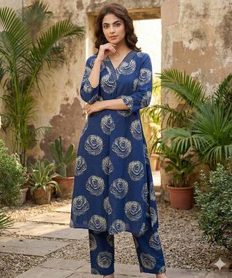blue pure cotton a-line regular kurta set 2