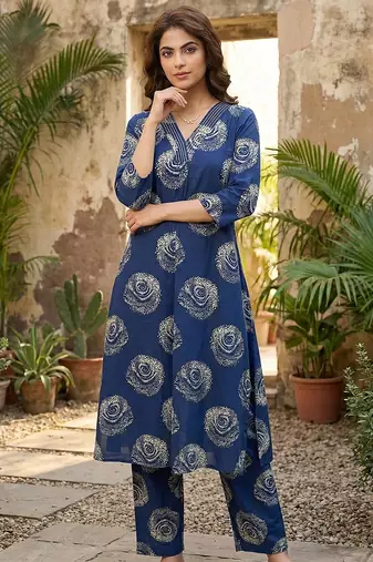 blue pure cotton a-line regular kurta set