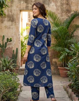 blue pure cotton a-line regular kurta set 3
