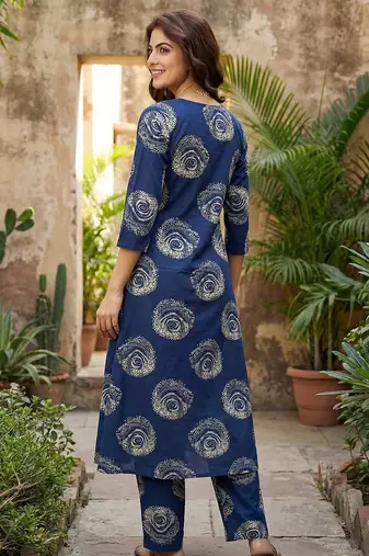 blue pure cotton a-line regular kurta set