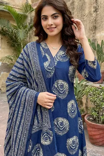 blue pure cotton a-line regular kurta set