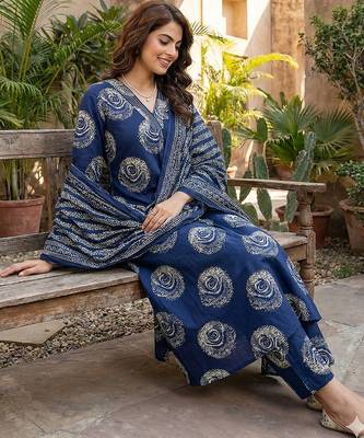 blue pure cotton a-line regular kurta set 5