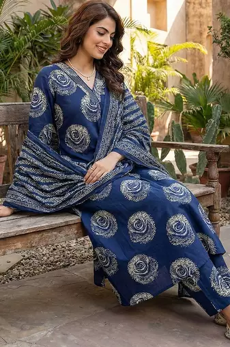 blue pure cotton a-line regular kurta set