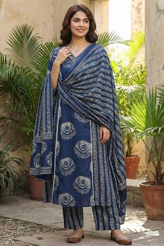Anouk blue pure cotton a-line priencess cut kurta set