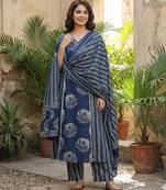 Anouk blue pure cotton a-line priencess cut kurta set