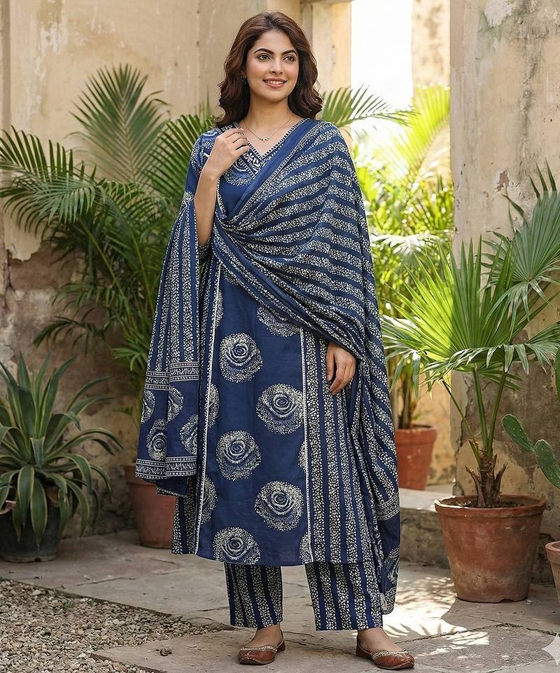 Anouk blue pure cotton a-line priencess cut kurta set