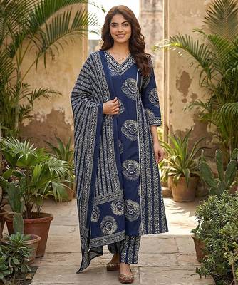 blue pure cotton a-line princess cut kurta set 2