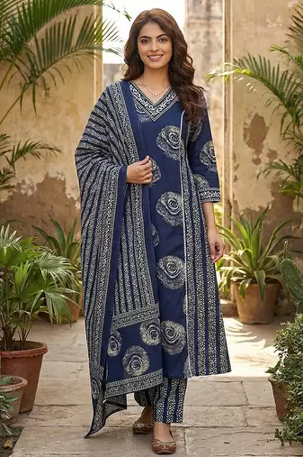 blue pure cotton a-line princess cut kurta set