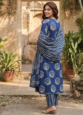 blue pure cotton a-line princess cut kurta set 3