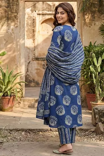 blue pure cotton a-line princess cut kurta set