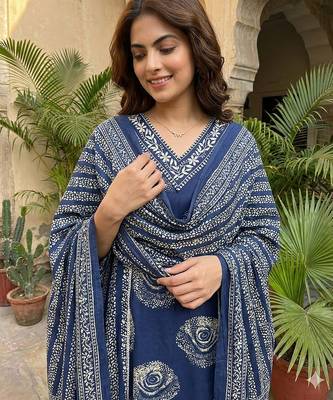 blue pure cotton a-line princess cut kurta set 4