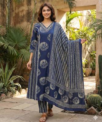 blue pure cotton a-line princess cut kurta set 5