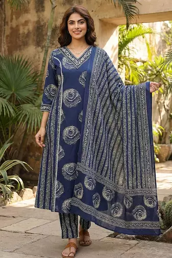 blue pure cotton a-line princess cut kurta set