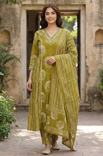 Anouk olive green pure cotton a-line priencess cut kurta set