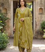 Anouk olive green pure cotton a-line priencess cut kurta set